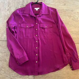 Charter Club Size 6 Fuchsia Polyester Women’s Button Down Long Sleeved Blouse